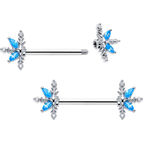 14G 9/16 Blue CZ Gem Classic Flower Barbell Nipple Ring Set