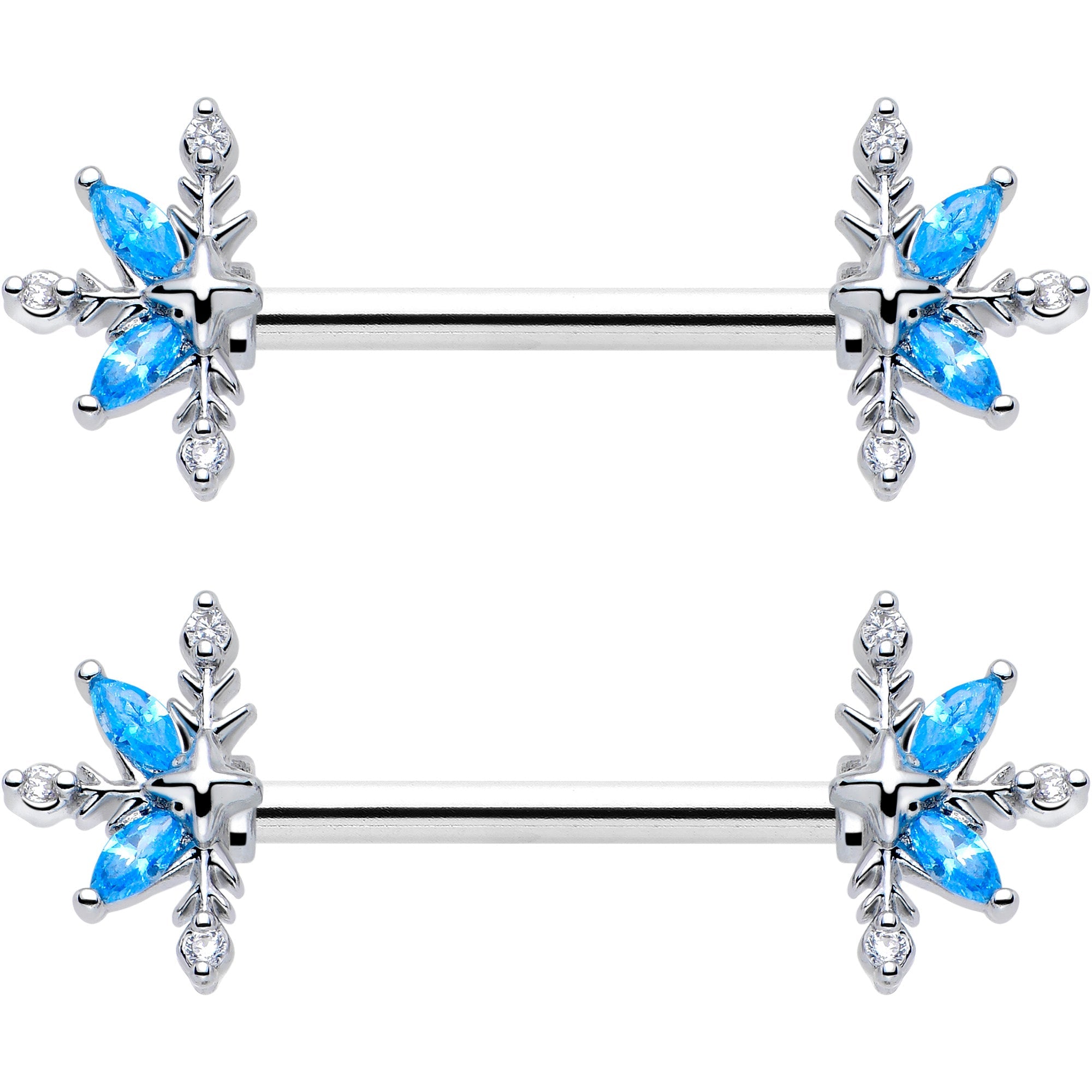 14G 9/16 Blue CZ Gem Classic Flower Barbell Nipple Ring Set