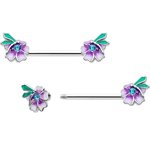 14G 9/16 Blue Gem Faerie Flower Purple Barbell Nipple Ring Set