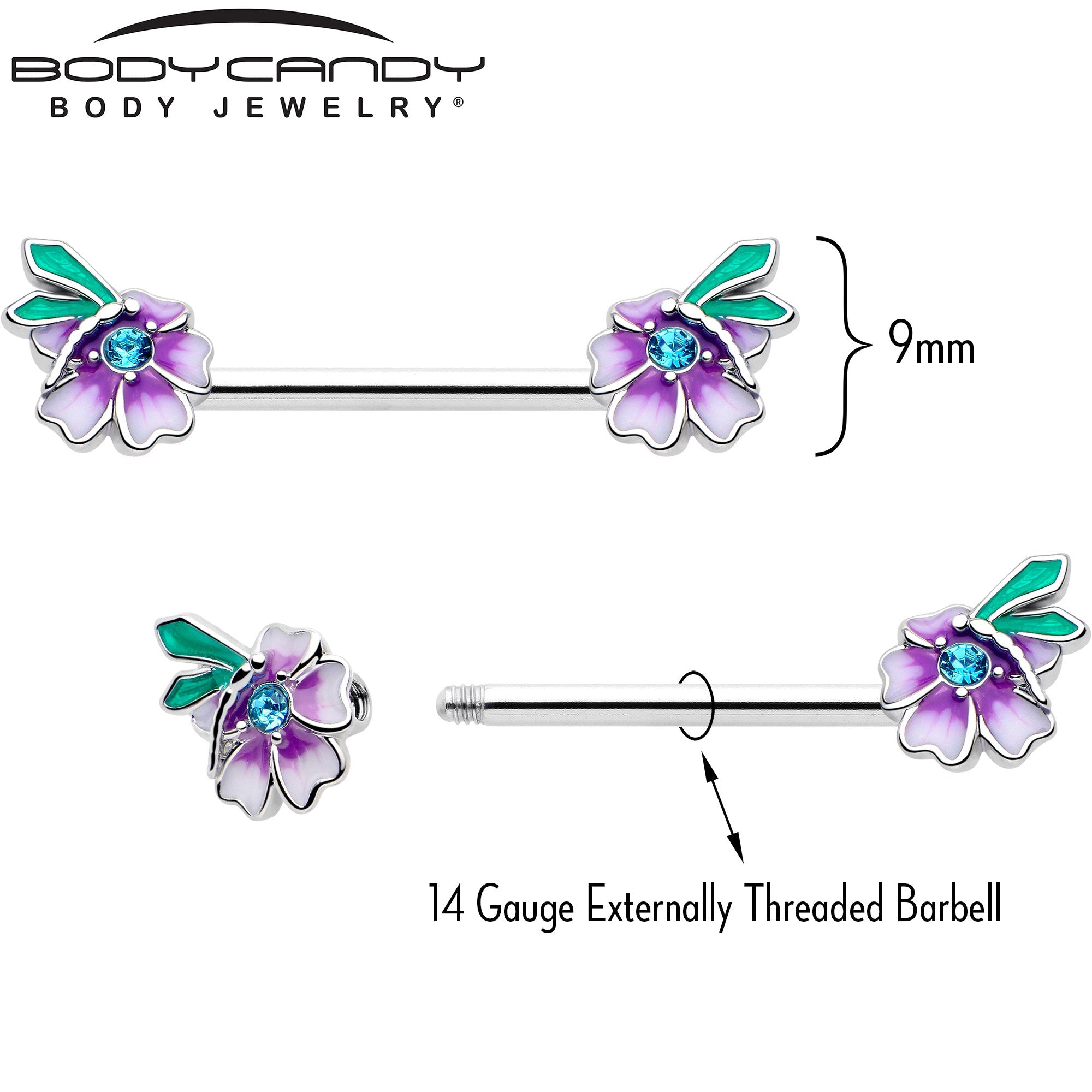 14G 9/16 Blue Gem Faerie Flower Purple Barbell Nipple Ring Set