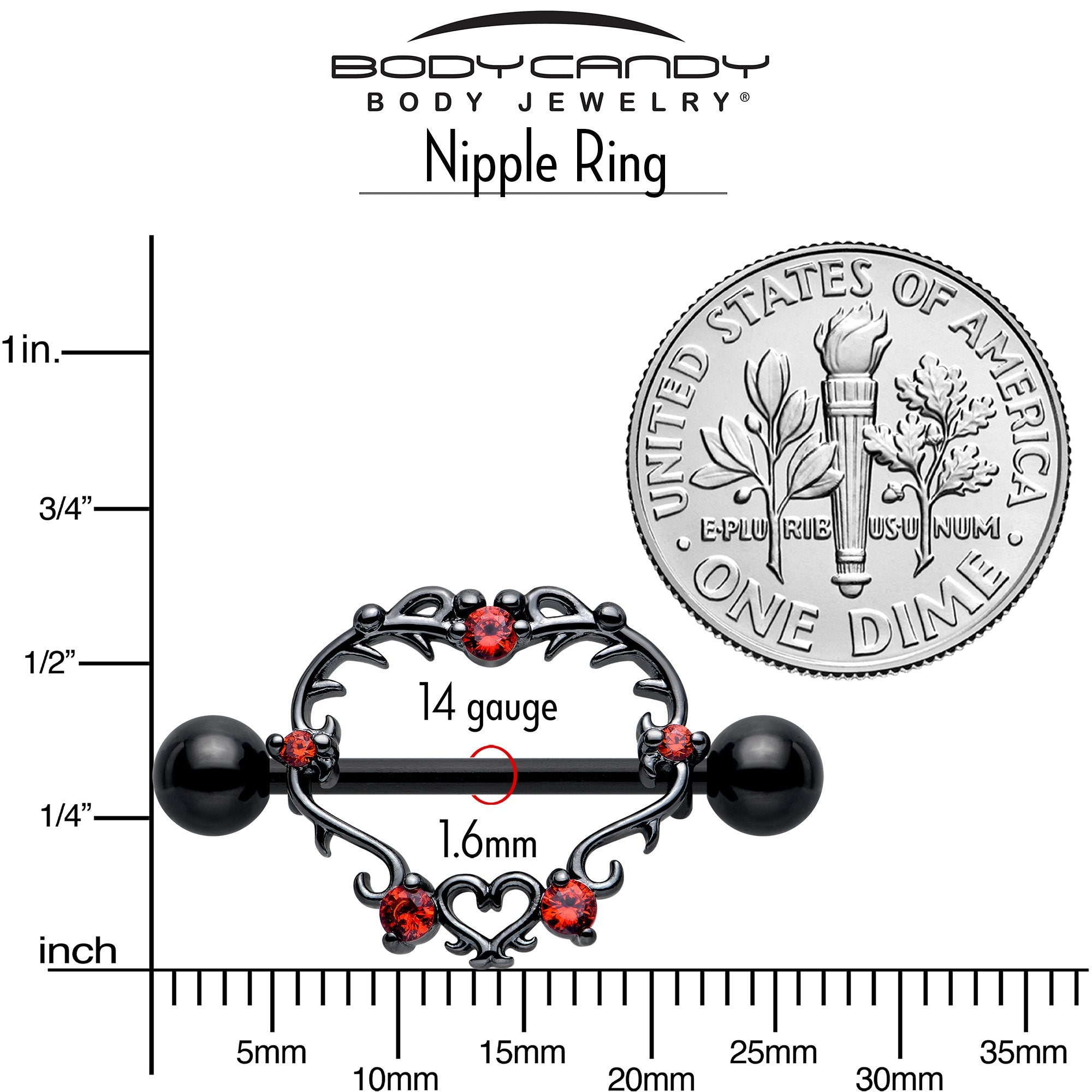 14G 9/16 Red CZ Gem Black Leafy Heart Nipple Shield Set